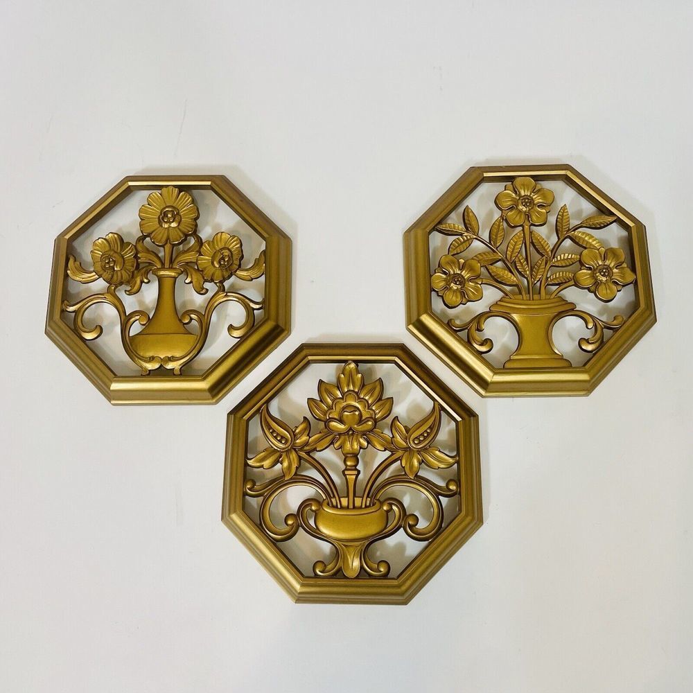 Vintage Syroco Octagonal Floral Wall Hanging Plaques with Gold Finish Set Of 3